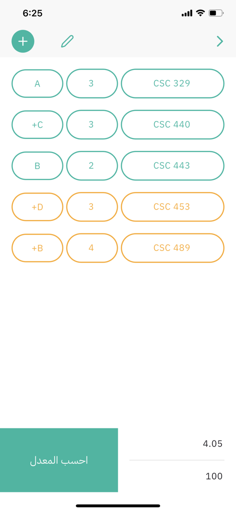 A mobile app interface for entering grades and credits to calculate GPA with a list of courses