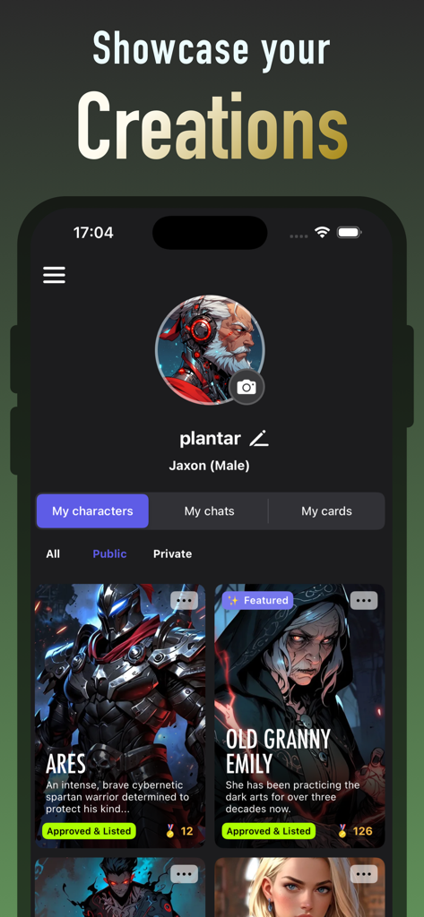 Jupi AI Chat Fantasy Roleplay - Un perfil de usuario en la aplicación Jupi AI que muestra personajes de fantasía creados a medida, como un espartano cibernético y un practicante de artes oscuras.