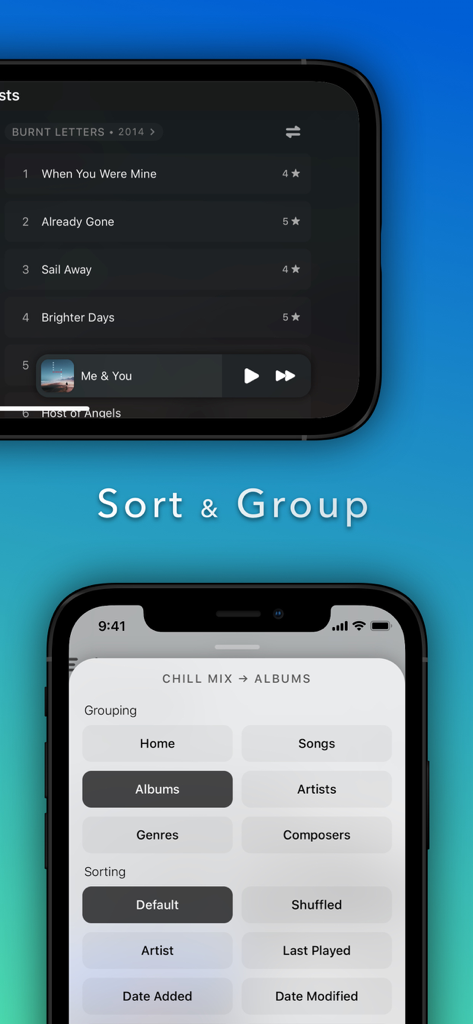 Marvis Pro - Marvis Pro app interface showing customizable music library sorting and grouping options on iPhone