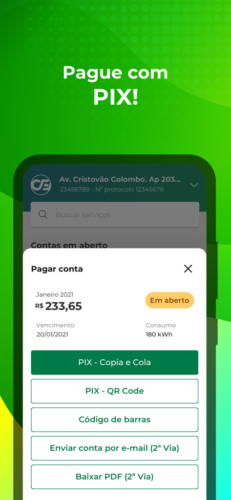 Cemig Atende mobile app interface showing options to pay energy bills with PIX or barcode