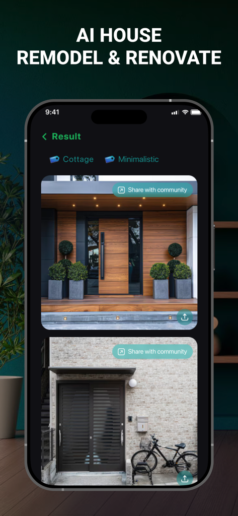 AI Interior: Home Space Design - AI Haus-Umbau-App, die Ergebnisse für Cottages und minimalistische Außendesigns zeigt