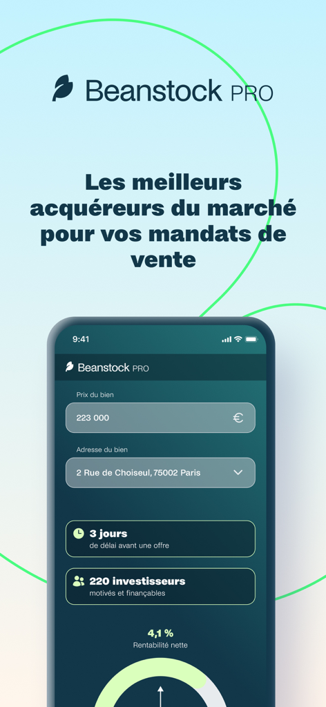 BeanstockPro mobile dashboard displaying property price net yield and investor analytics