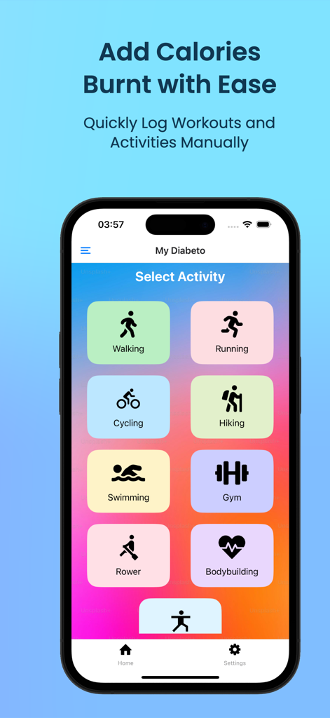 My Diabeto - My Diabeto app screen showing manual activity selection for logging workouts like walking, running, and cycling.