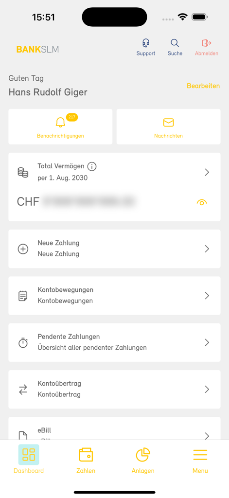 Bank SLM - El panel de la app de banca móvil Bank SLM que muestra saldos de cuentas y opciones de gestión financiera