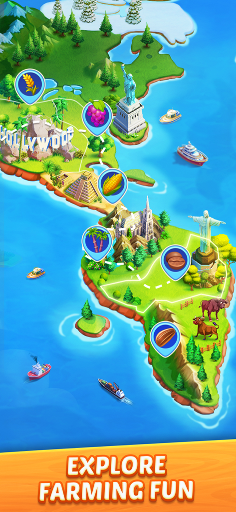 A colorful world map in Solitaire Farm Adventure showcasing different crops and global landmarks