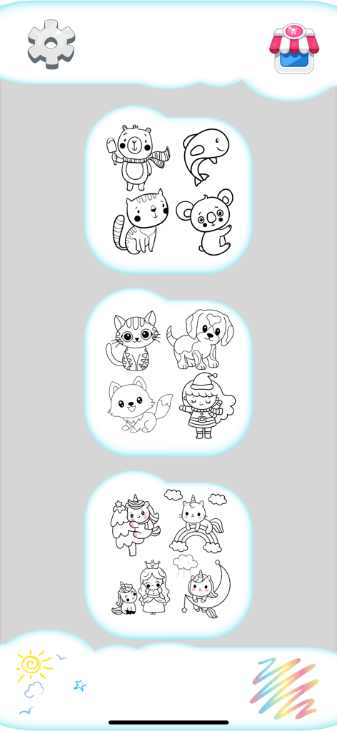 Kawaii Unicorn: Coloring World - Tela de seleção do Kawaii Unicorn Coloring World mostrando diferentes categorias de páginas para colorir de animais fofos e unicórnios