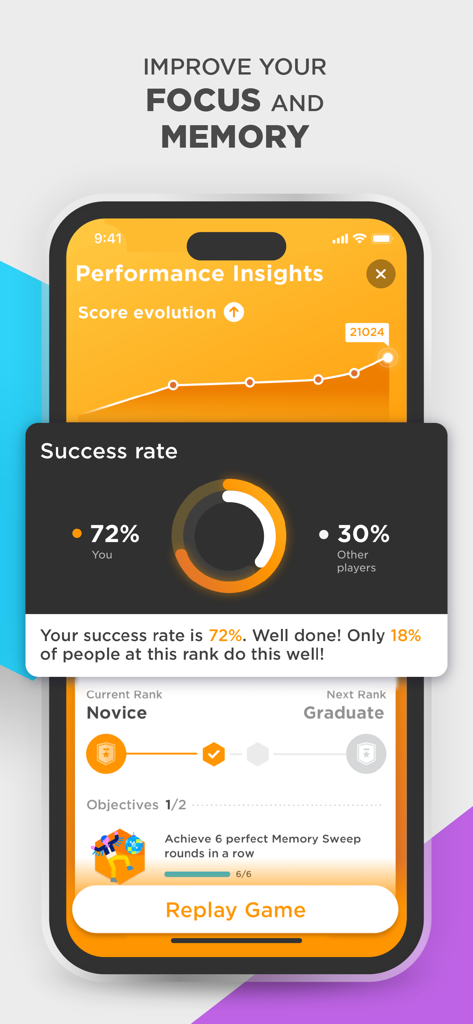 Performance insights screen in the Peak app showing score evolution and success rate comparison