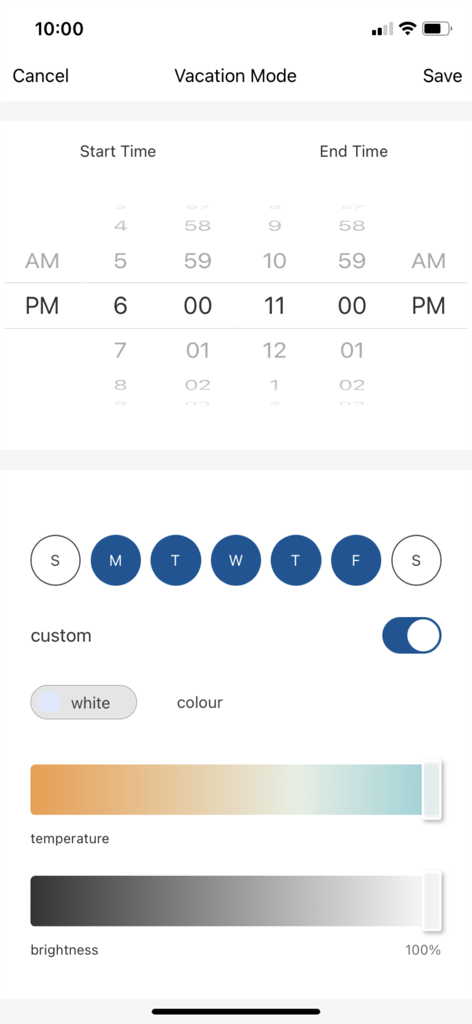 Vacation Mode settings screen in the SYLVANIA Smart WiFi app for automated home lighting security.