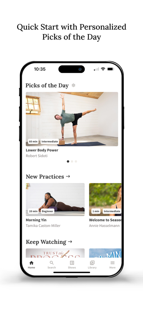 Yoga Anytime - Yoga Classes - Startbildschirm der Yoga Anytime App mit personalisierten täglichen Yogakurs-Empfehlungen
