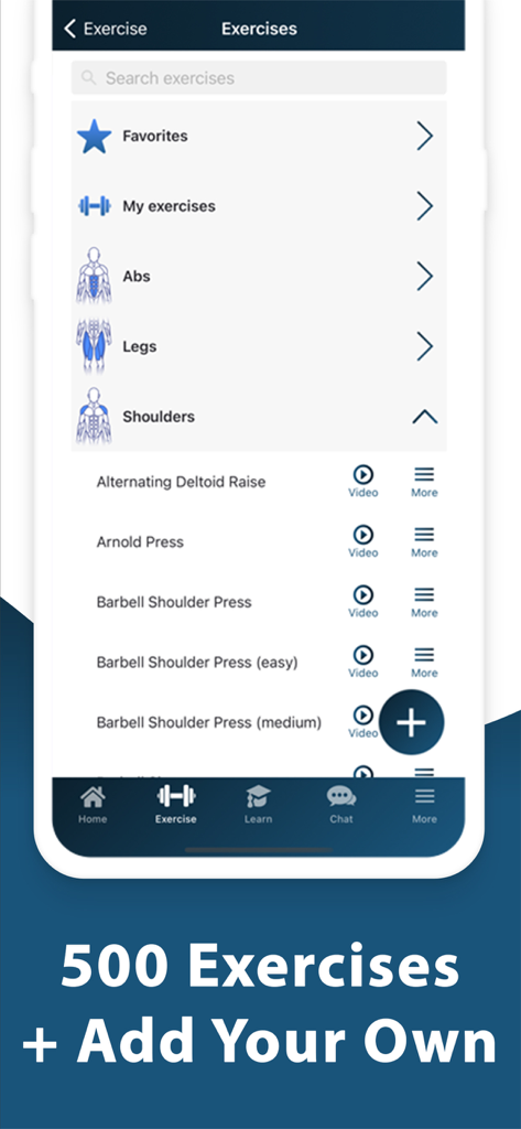 腹筋、脚、肩のカテゴリー別にエクササイズリストを表示するDr. Muscleアプリの画面。