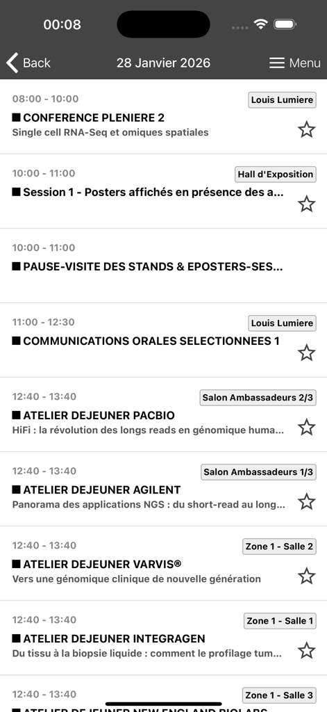 Assises de Génétique - Screenshot of the medical congress app showing the daily schedule with workshops and plenary sessions