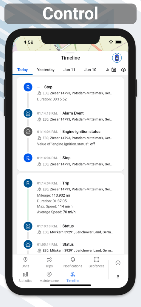 Forguard - Security app - Forguard security app timeline screen showing vehicle trip history and event alerts