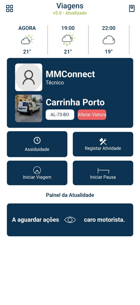 TimeAPP - TimeAPP mobile app screen showing a travel management dashboard with driver profile information and activity buttons