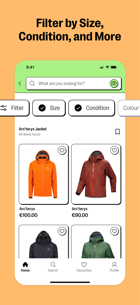 Faircado app interface showing search results for secondhand jackets with filter options for size and condition