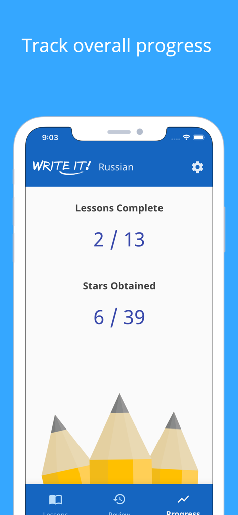 A mobile screen showing progress tracking in the Write It Russian app with lessons completed and stars earned