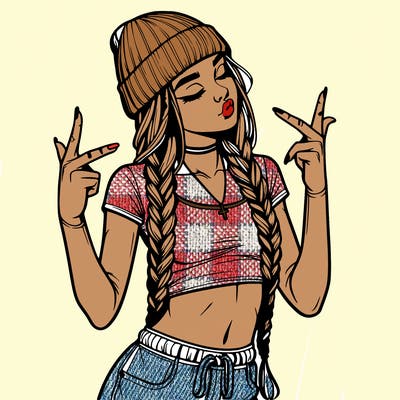 realistic teenage girl with braids and a beanie and crop top doing 🫶🏼