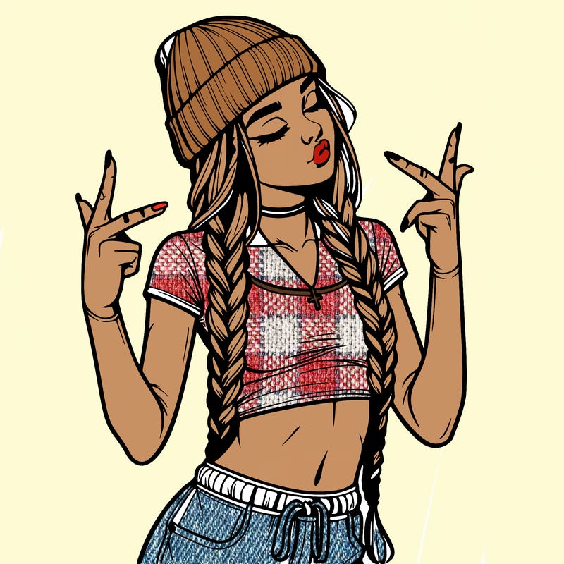 realistic teenage girl with braids and a beanie and crop top doing 🫶🏼
