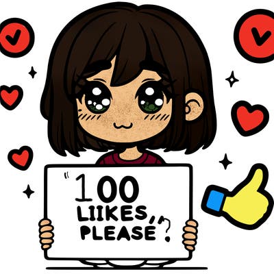 a girl with a sign saying 100 likes, please
