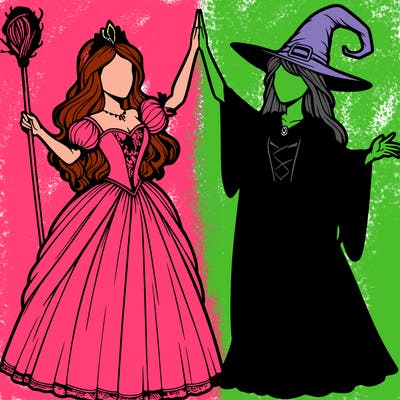 detailed realistic split of a princess and a witch