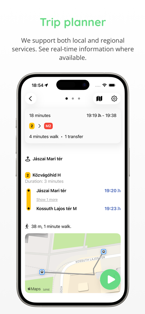 Reiseplanungs-Oberfläche mit Routendetails und Karte für den öffentlichen Nahverkehr in Ungarn