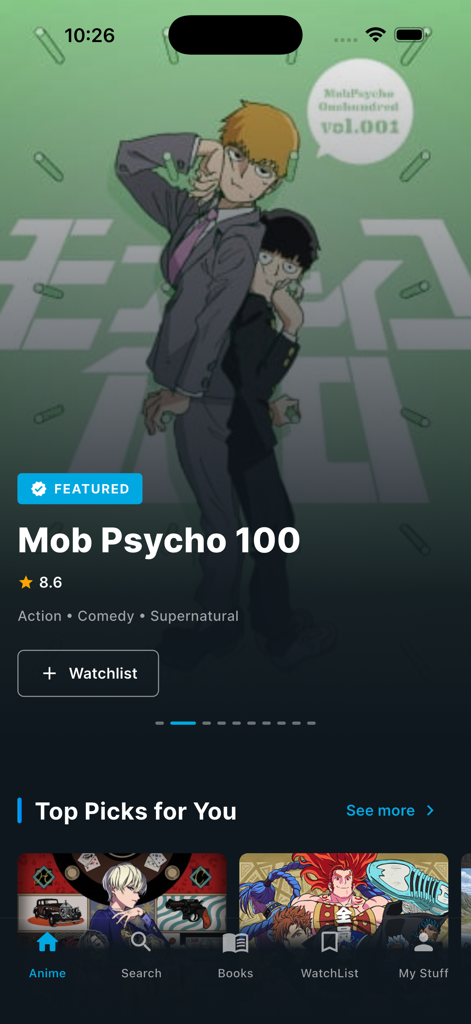 AniHub Max app home screen featuring Mob Psycho 100 with rating genres and watchlist button