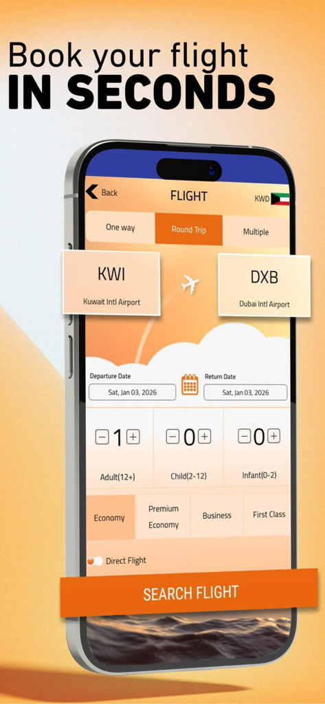 FlyBooking - Interfaccia dell'app mobile FlyBooking per la ricerca di voli andata e ritorno con selezione della classe e selettori di data