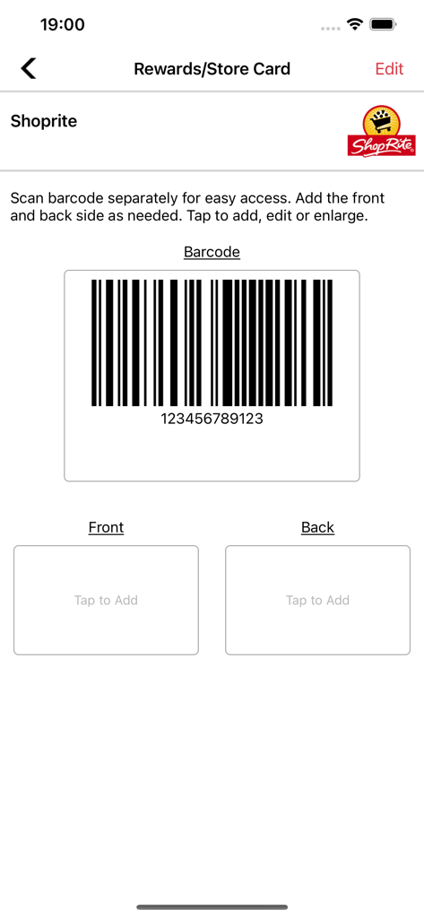 Card Yard - Digital rewards card screen showing a barcode for ShopRite and options to add front and back photos