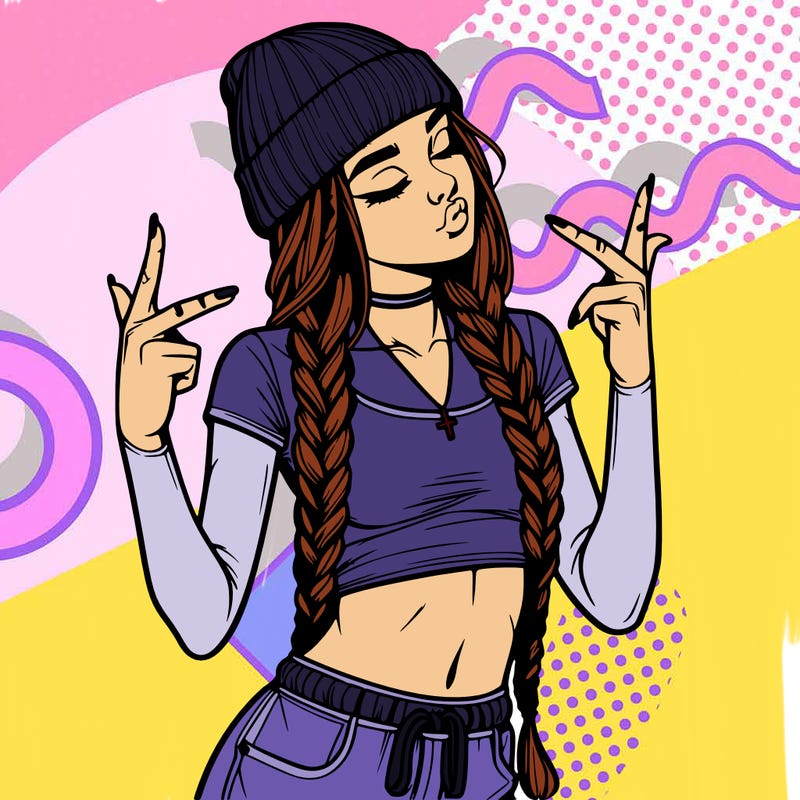 realistic teenage girl with braids and a beanie and crop top doing 🫶🏼
