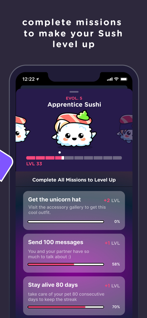 Interface of SUSH app displaying missions to level up a virtual sushi pet