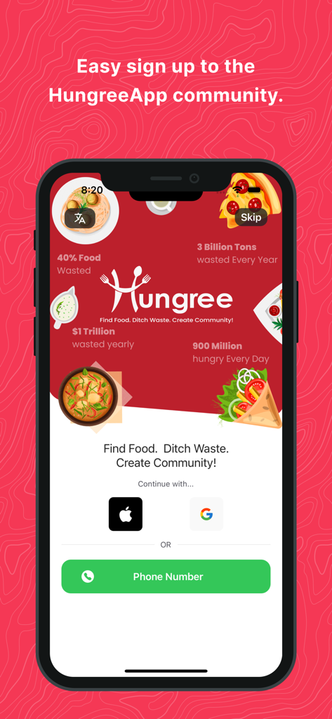 The HungreeApp - Die Willkommensseite von The HungreeApp zeigt Statistiken zur Lebensmittelverschwendung und Optionen zur Anmeldung über Apple, Google oder Telefonnummer