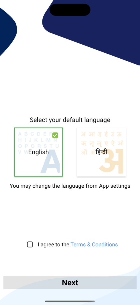 MCA India - Language selection screen for the MCA India app with options for English and Hindi.
