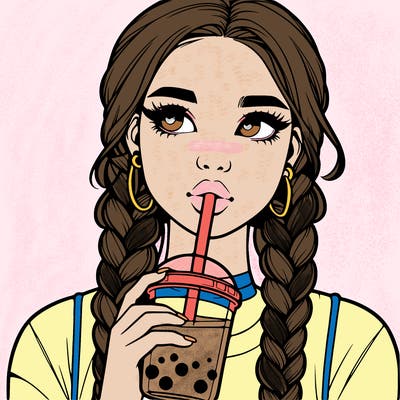 realistic girl with braided hair drinking boba