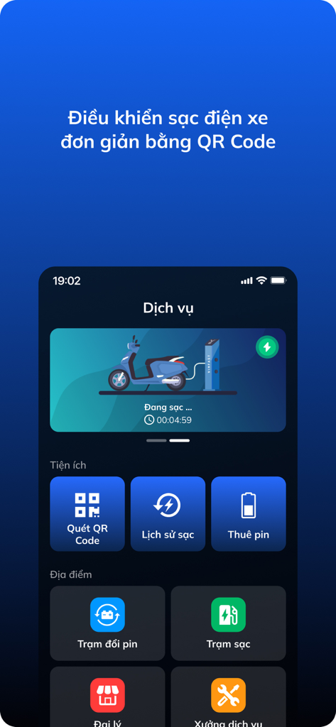 App mobile VinFast E-Scooter che mostra lo stato di ricarica e le opzioni di servizio