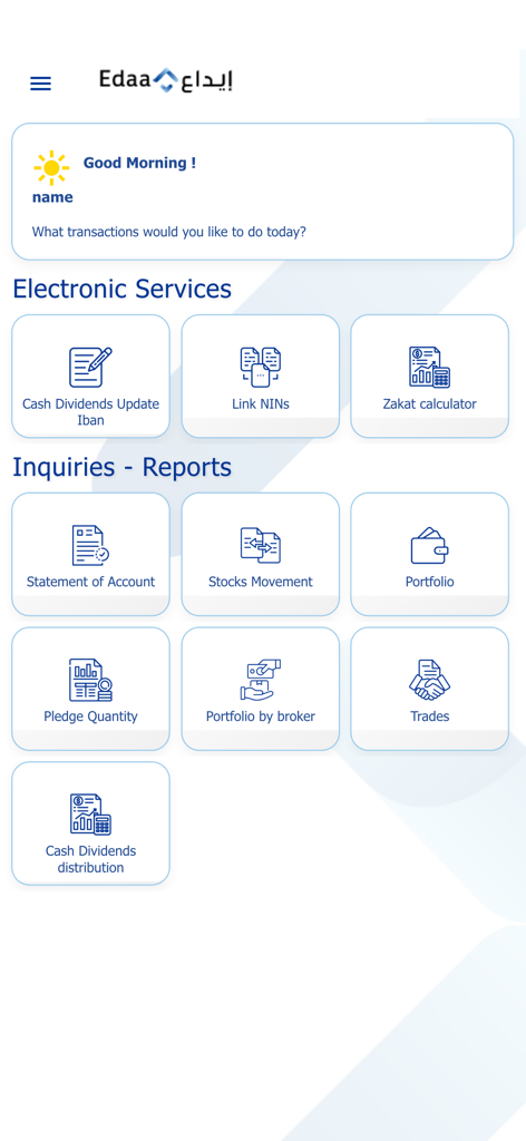 Edaa mobile app home screen with electronic financial services and investor reports