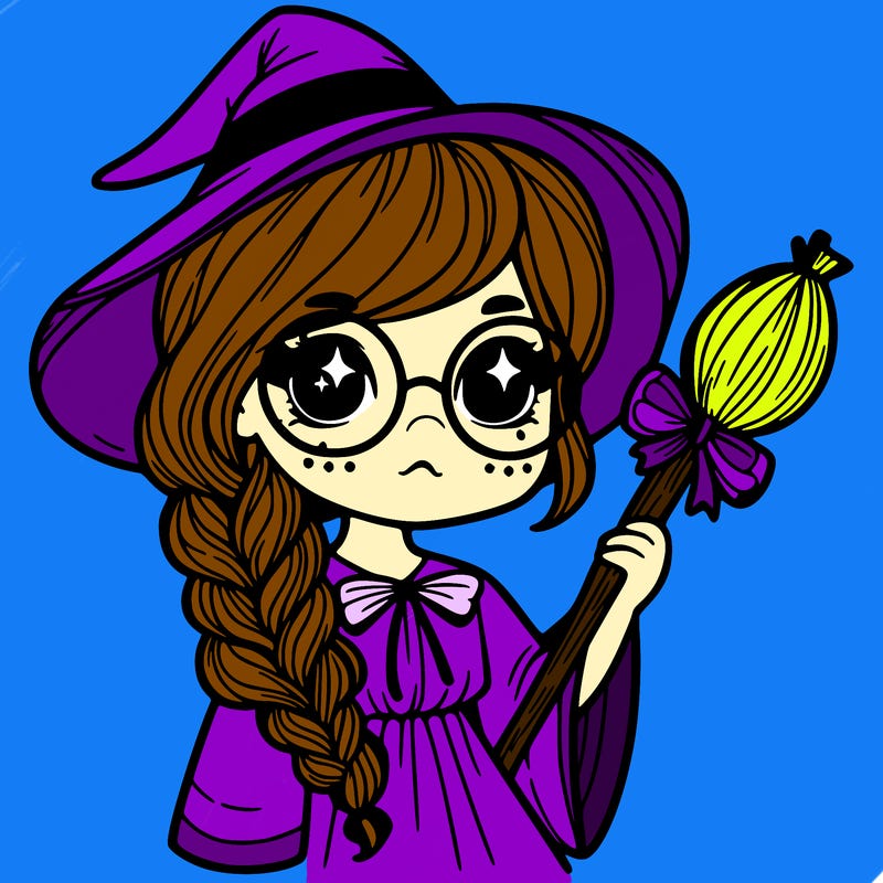 a witch with a braid and two glasses