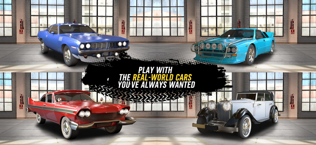 A collection of classic muscle and vintage cars displayed in a garage showroom.