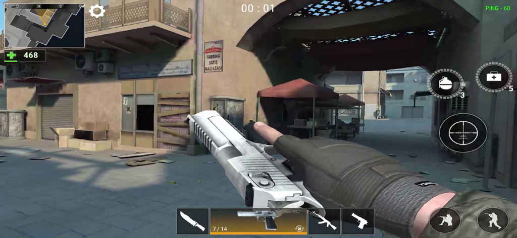 Modern Gun: Shooting War Games - First person view of a silver pistol in an urban combat setting in Modern Gun