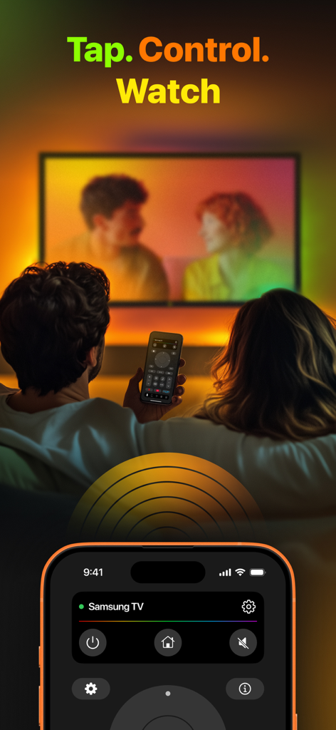 TVRem Universal TV Remote App - Una pareja usando la aplicación de control remoto universal TVRem en un iPhone para controlar un Smart TV Samsung