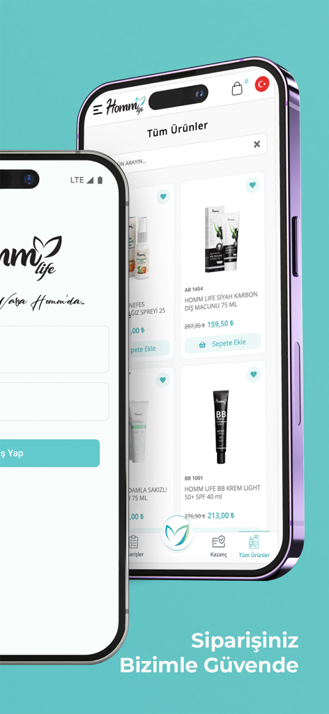 Homm Life mobile app displaying herbal toothpaste and beauty product catalog on iPhone screens.