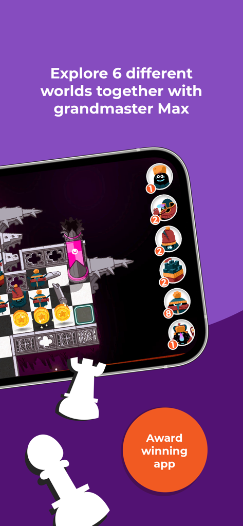 Interface d'échiquier gamifiée avec des personnages et des pièces d'or de l'application Kahoot Learn Chess DragonBox