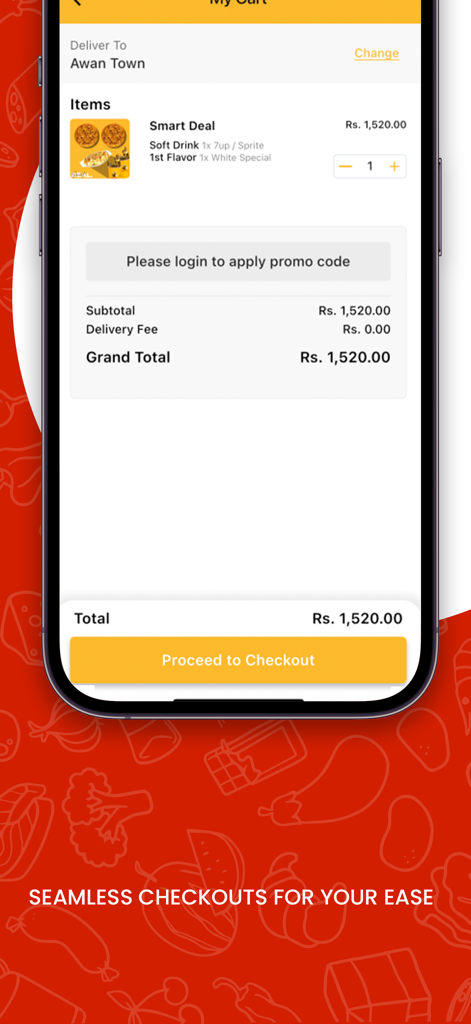 Whites Castle - Mobile app interface for Whites Castle showing a pizza order summary in the shopping cart and checkout button
