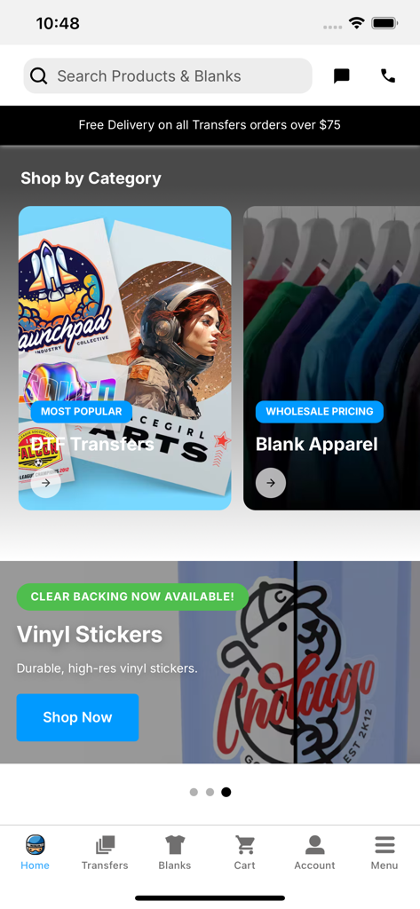 Ninja Transfers - Ninja Transfers app interface showing DTF transfers and wholesale blank apparel categories.