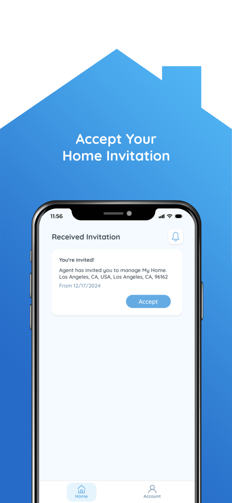 Rently Smart Home - iPhone displaying a home invitation notification within the Rently Smart Home app