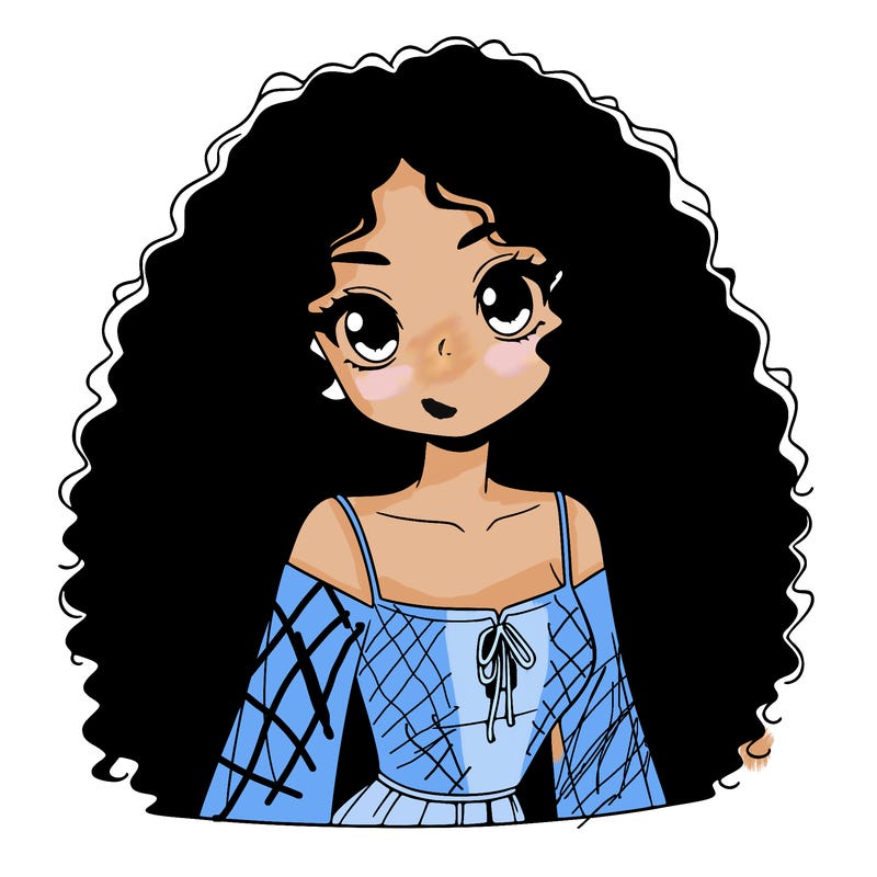 a black anime girl with long afro hair