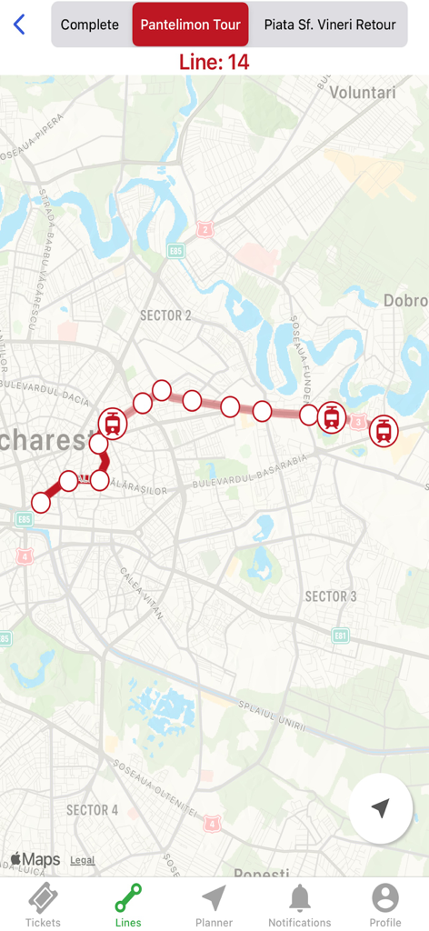 Real-time map tracking of tram line 14 in the Info Transport Bucharest app