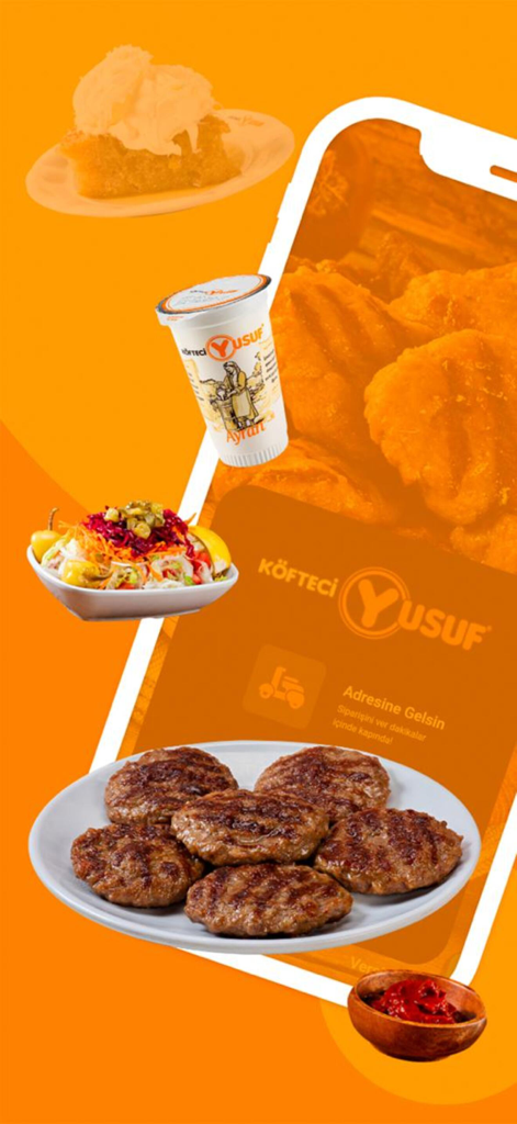 Köfteci Yusuf - Grilled meatballs, ayran, salad, and dessert displayed around a smartphone showing the Köfteci Yusuf food delivery app interface.