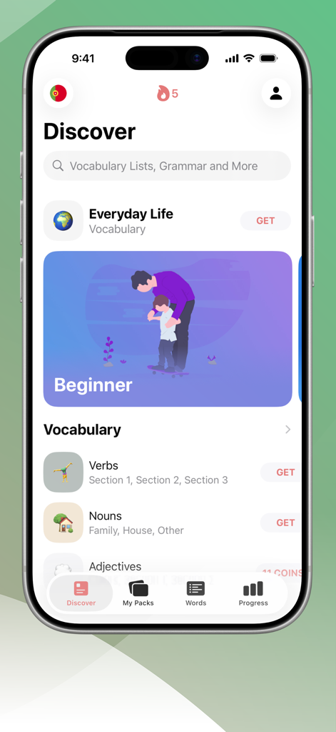 LENGOアプリで発見画面を表示し、語彙カテゴリと初級レッスンを示す