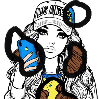 realistic beautiful girl wearing los ángeles cap holding an iphone