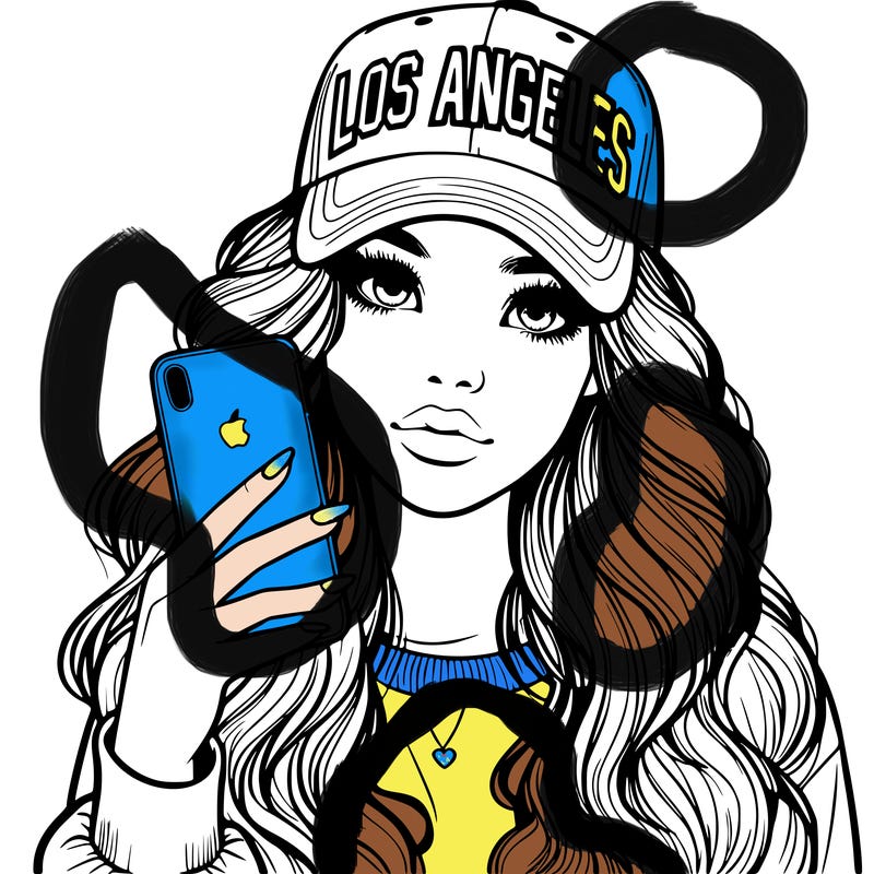 realistic beautiful girl wearing los ángeles cap holding an iphone
