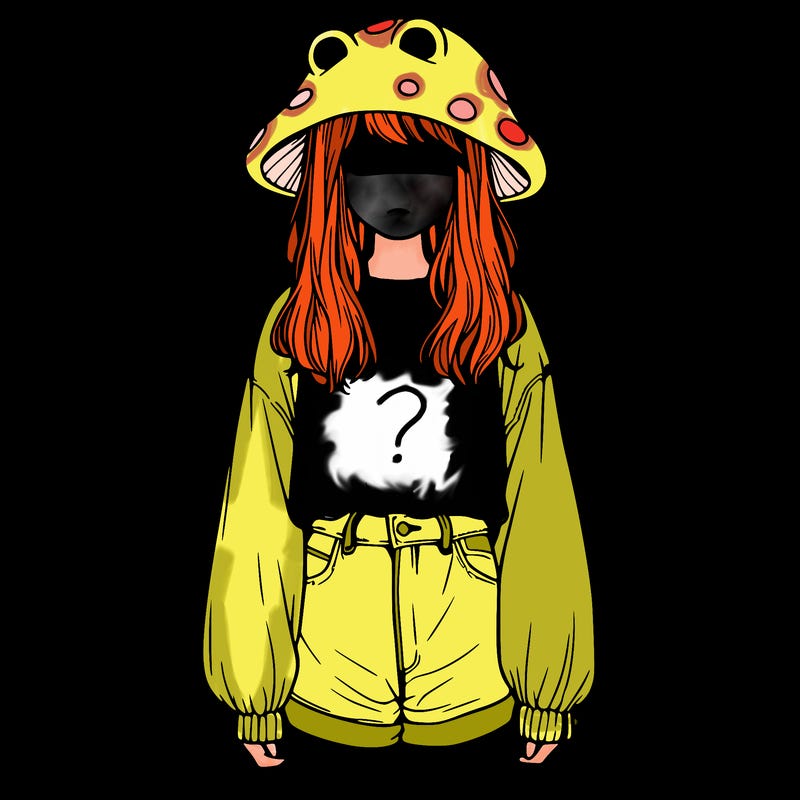 a realistic girl with a frog hat and baggy mushroom shirt